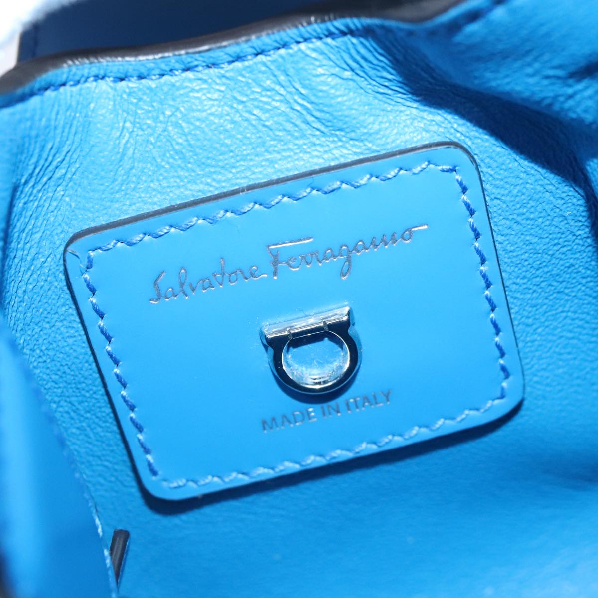 Salvatore Ferragamo Gancini Hand Bag Leather Blue Silver Auth 103652AM