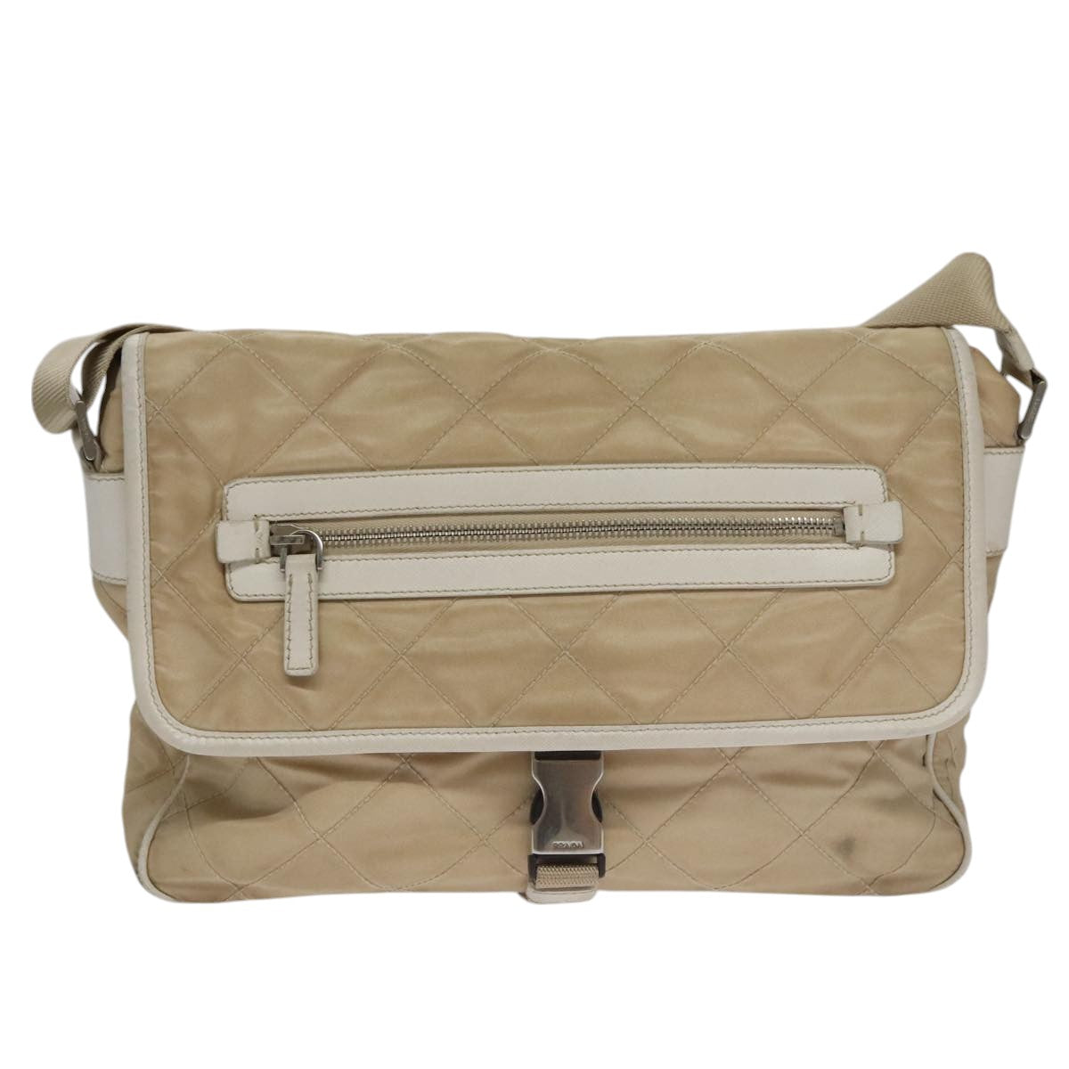 PRADA Shoulder Bag Nylon Beige Silver Auth 103773