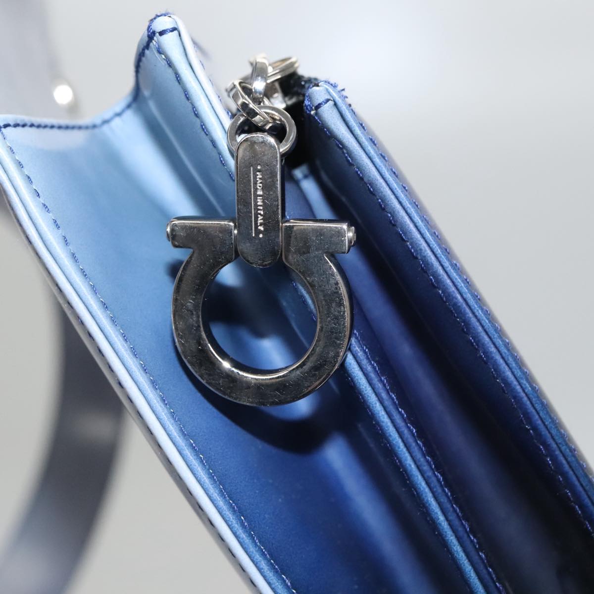 Salvatore Ferragamo Gancini Shoulder Bag Patent Leather Blue Silver Auth 103861