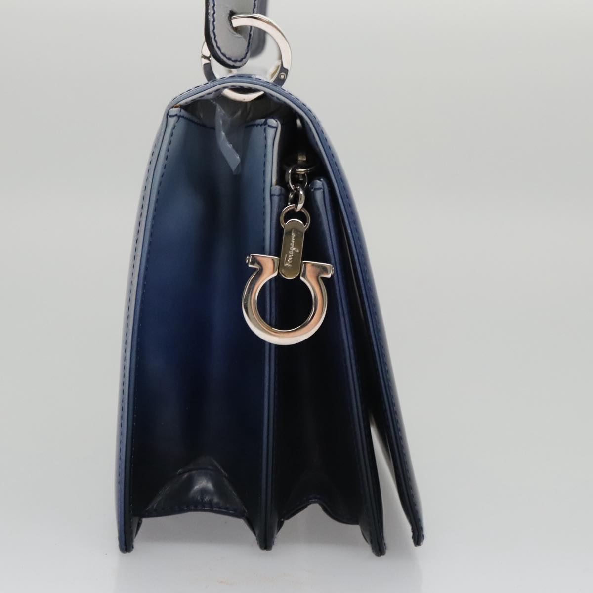 Salvatore Ferragamo Gancini Shoulder Bag Patent Leather Blue Silver Auth 103861