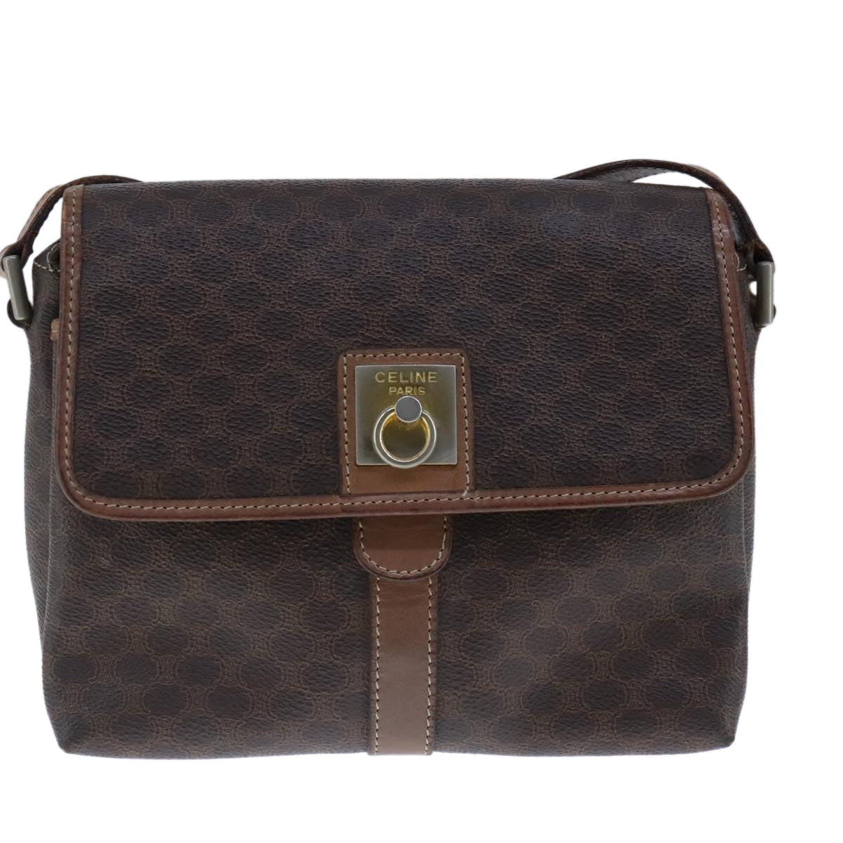 CELINE Macadam Canvas Shoulder Bag PVC Leather Brown Gold Auth 103934