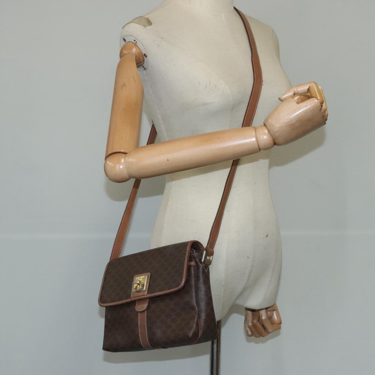 CELINE Macadam Canvas Shoulder Bag PVC Leather Brown Gold Auth 103934