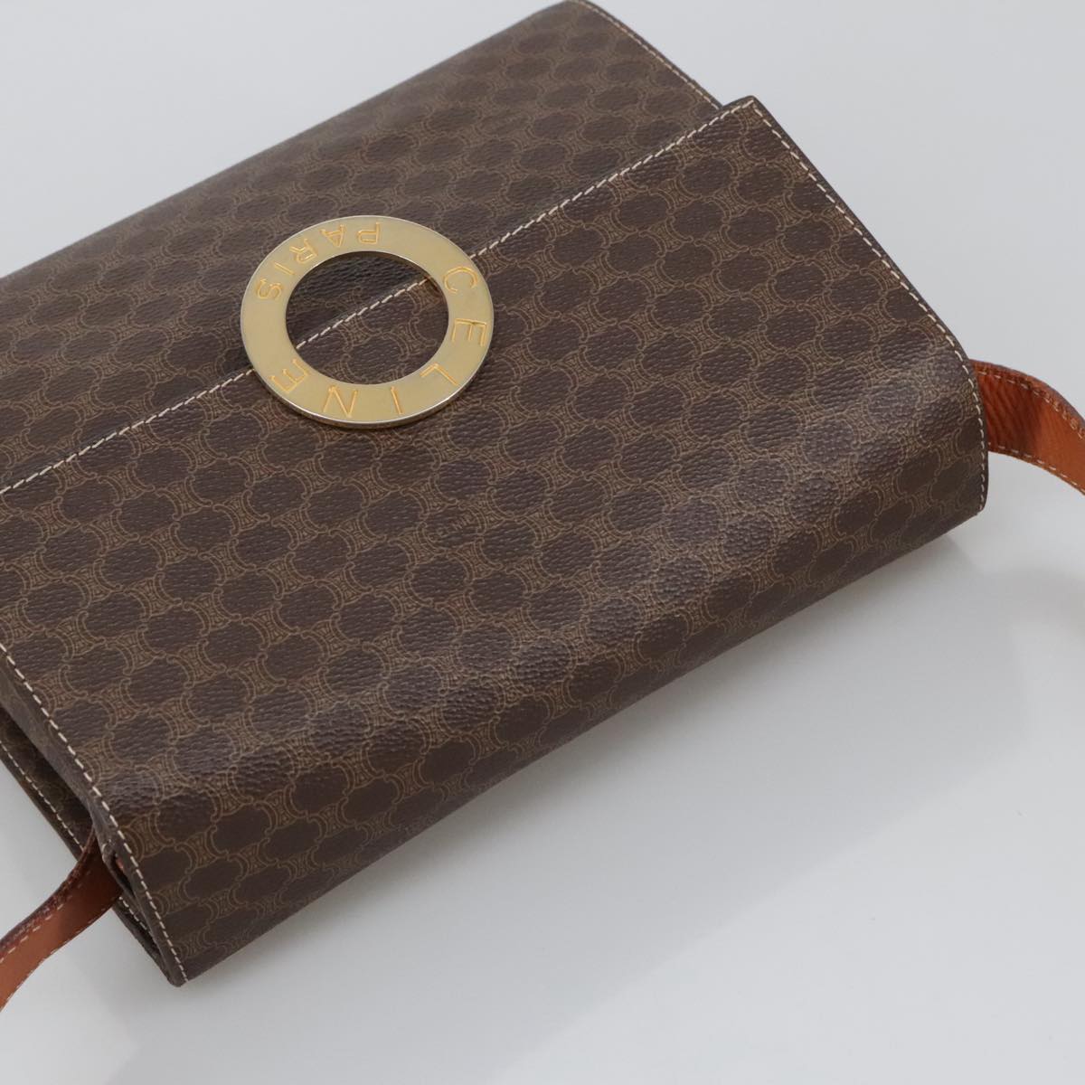 CELINE Macadam Canvas Shoulder Bag PVC Leather Brown Gold Auth 104026