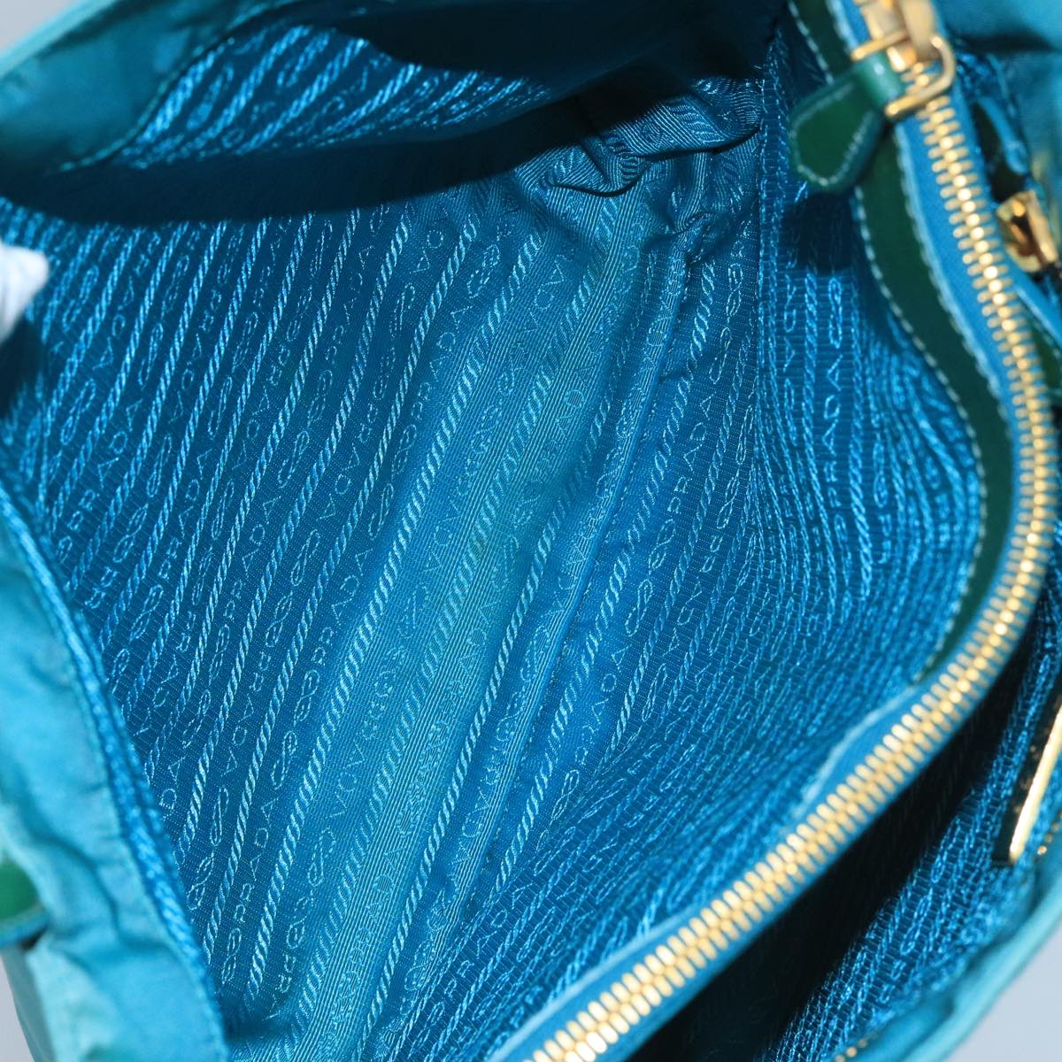 PRADA Tote Bag Nylon Turquoise Blue Gold Auth 104088