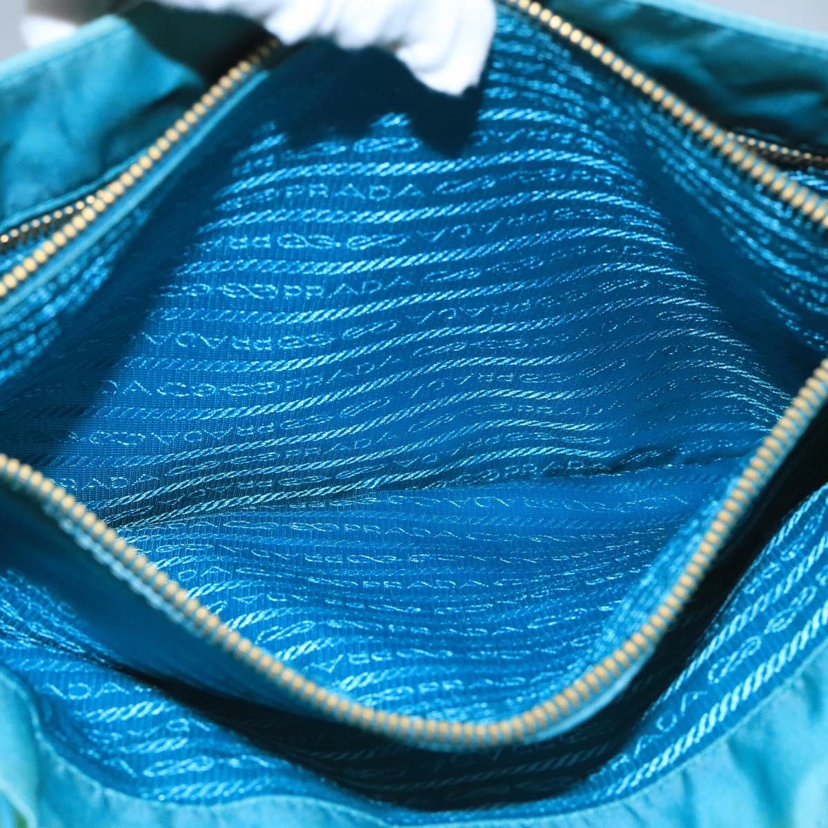PRADA Tote Bag Nylon Turquoise Blue Gold Auth 104088