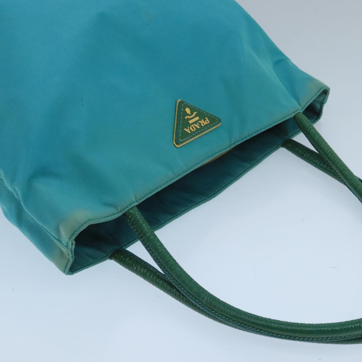 PRADA Tote Bag Nylon Turquoise Blue Gold Auth 104088