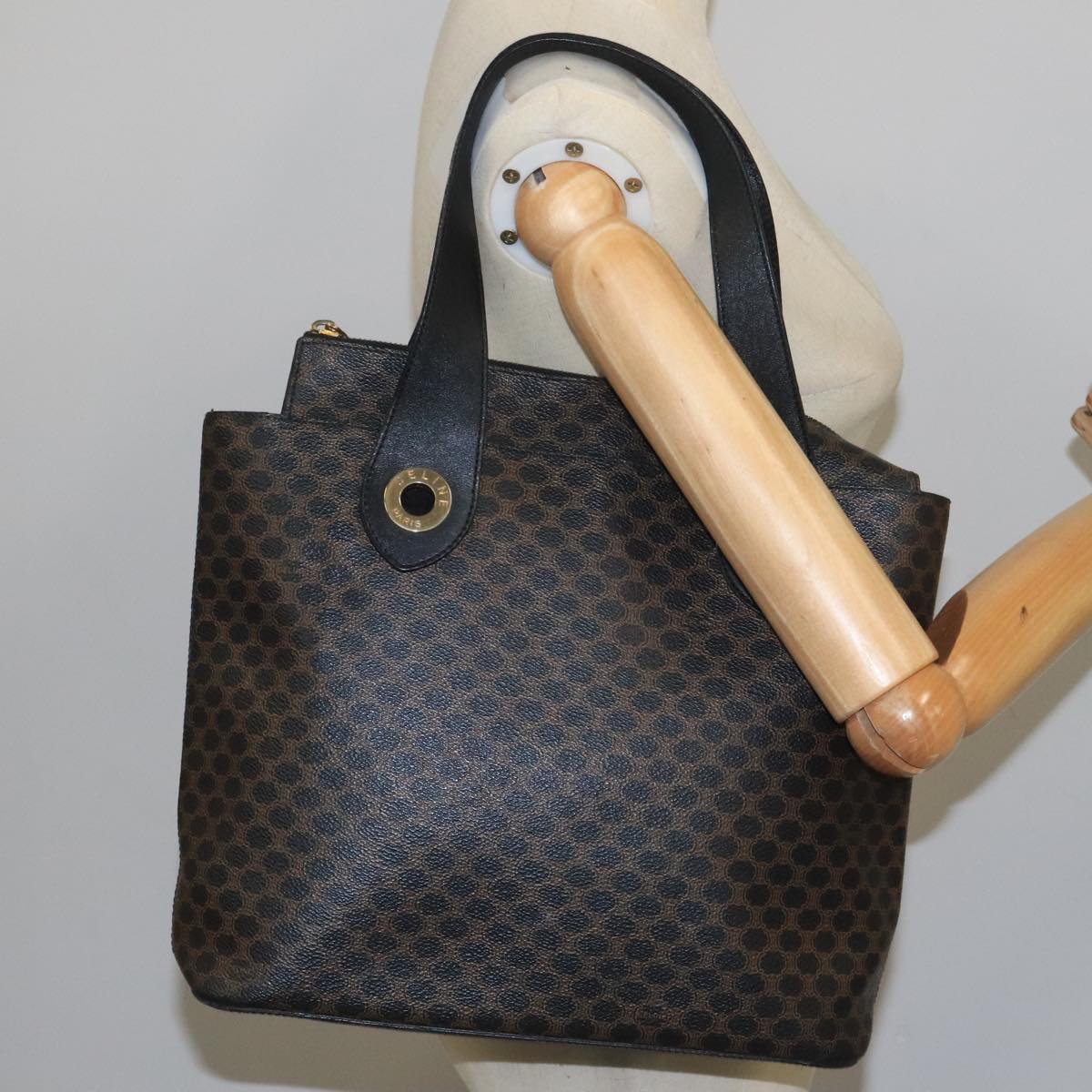 CELINE Macadam Canvas Hand Bag PVC Leather Black Gold Auth 104108