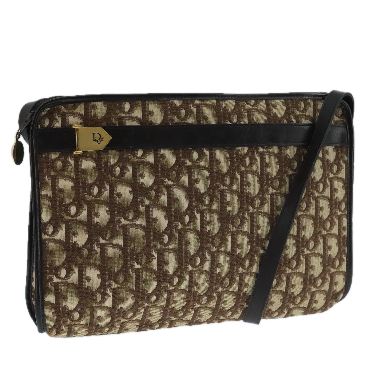 Christian Dior Trotter Canvas Shoulder Bag Beige Gold Auth 104205