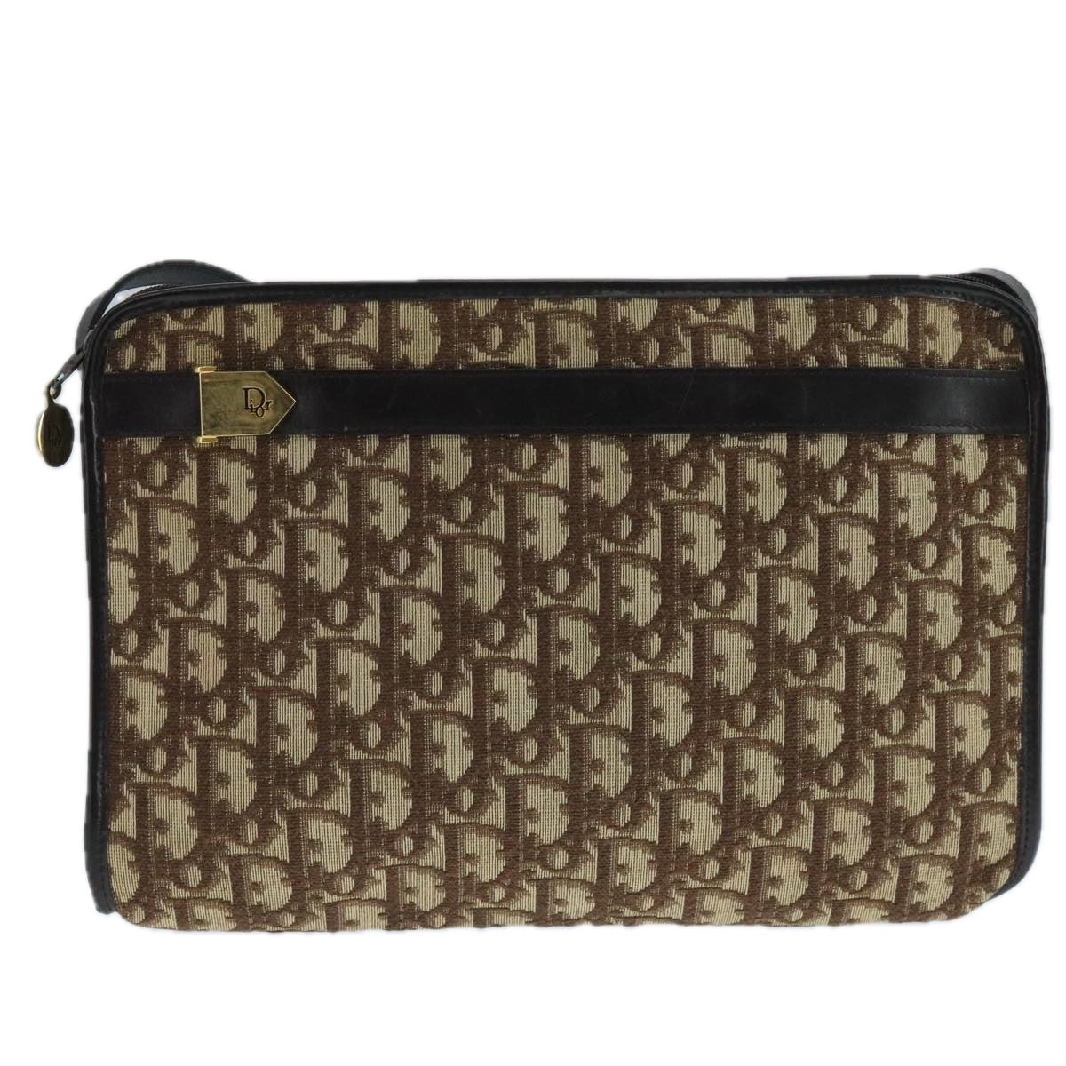 Christian Dior Trotter Canvas Shoulder Bag Beige Gold Auth 104205