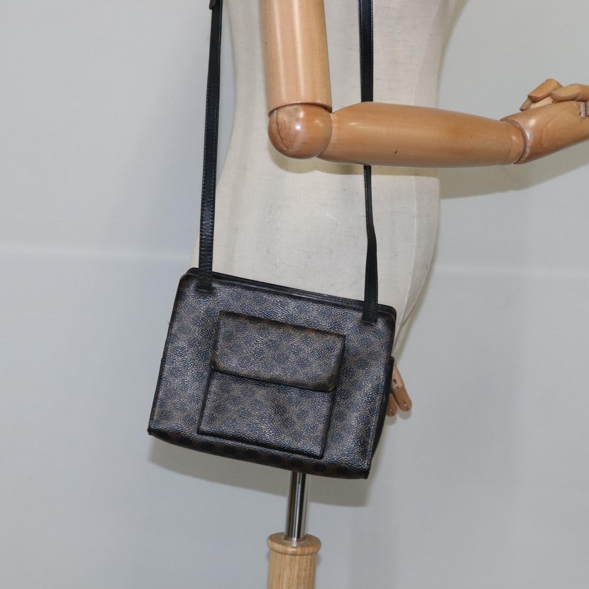 CELINE Macadam Canvas Shoulder Bag PVC Leather Black Auth 104219