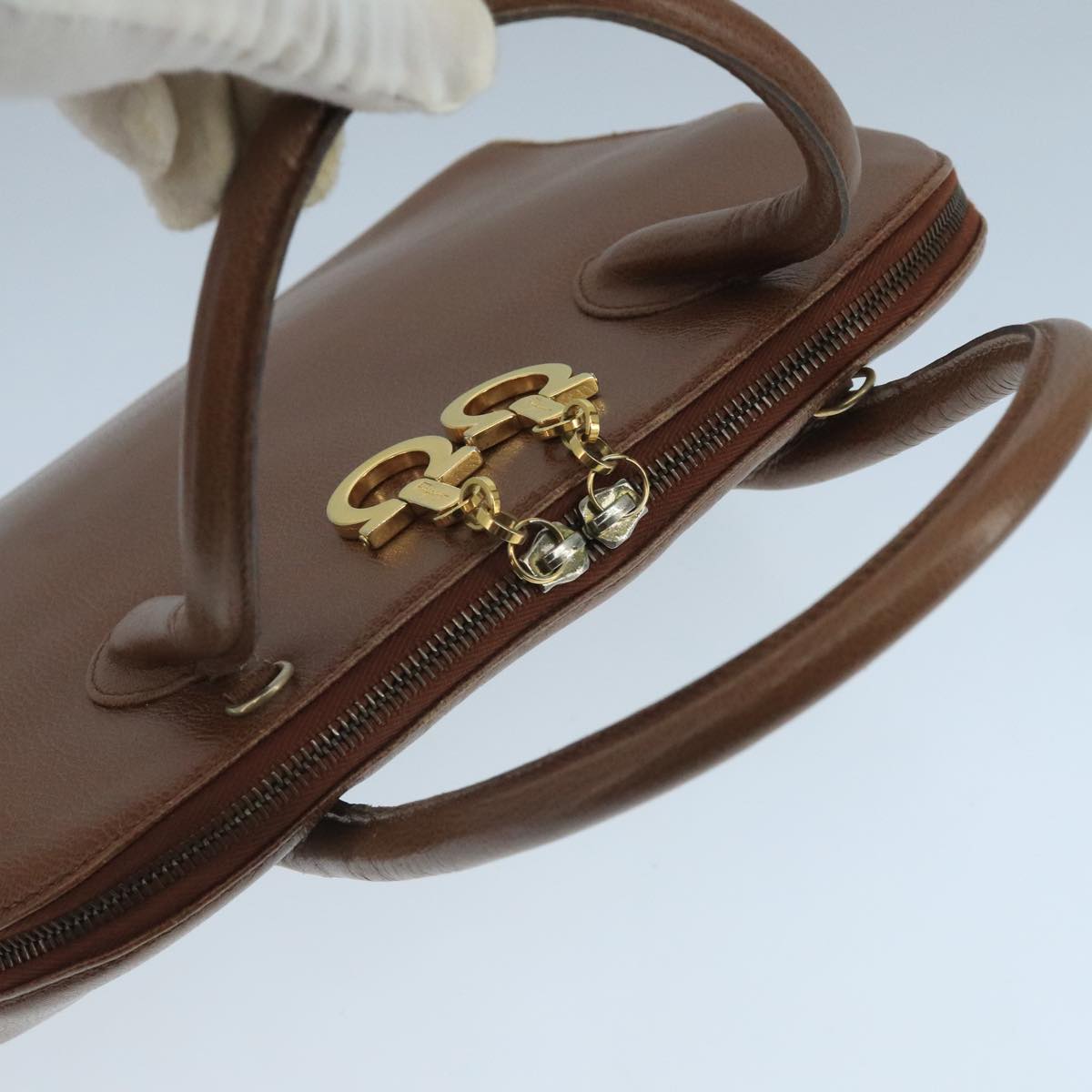 Salvatore Ferragamo Hand Bag Leather Brown Gold Auth 104228