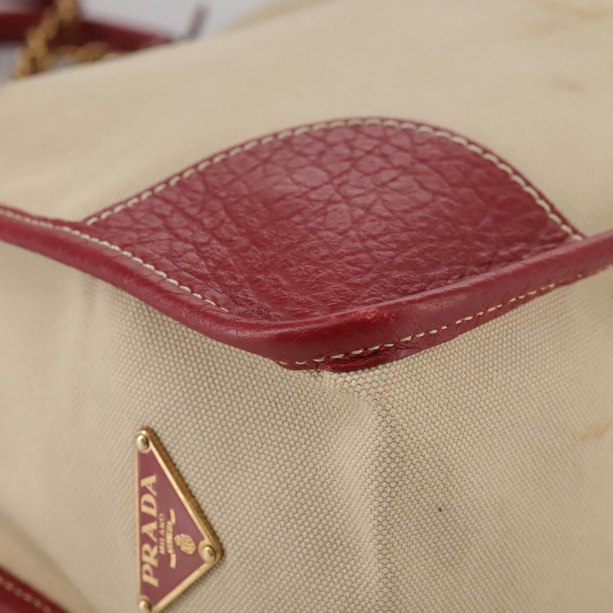 PRADA Chain Tote Bag Canvas Beige Gold Auth 104231
