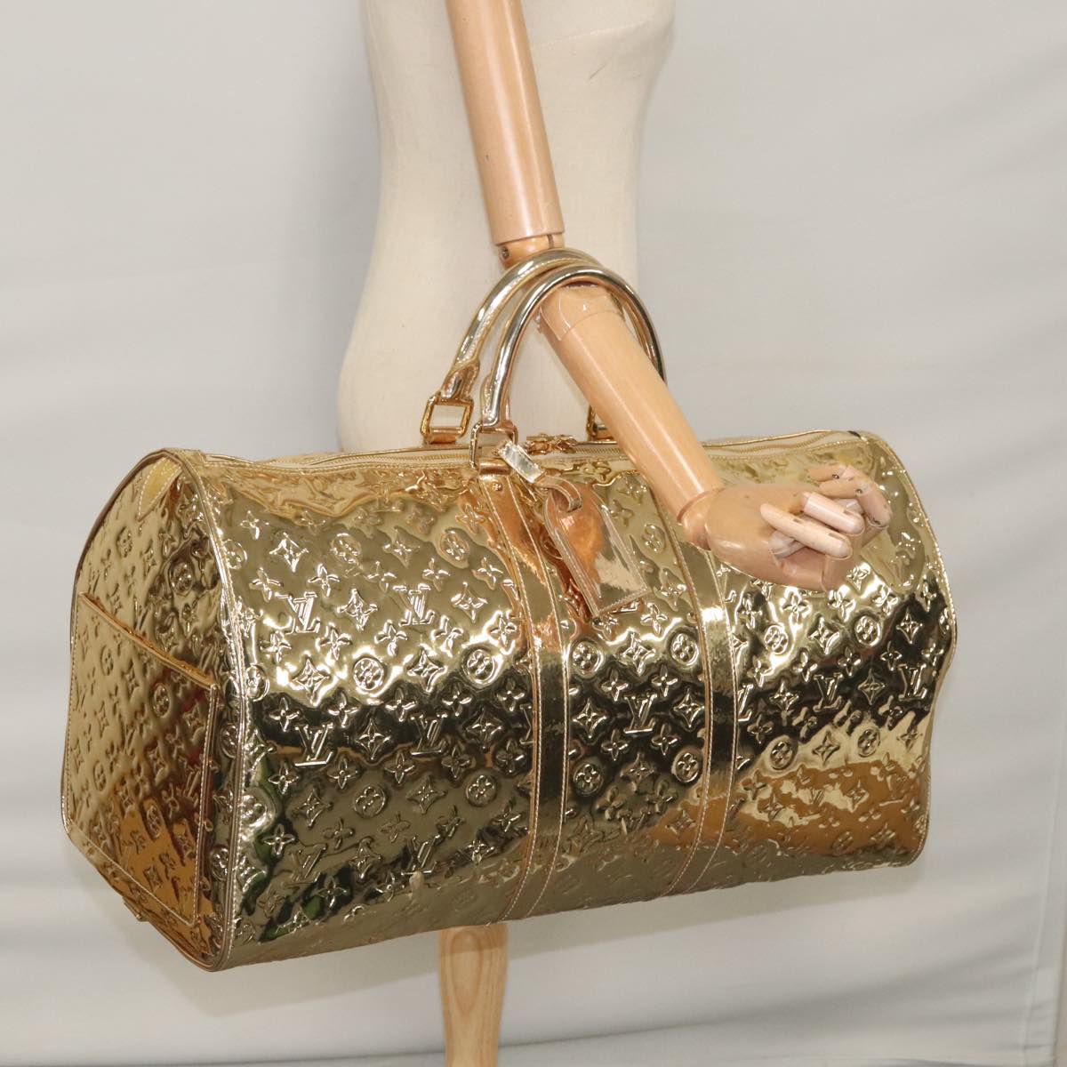 LOUIS VUITTON Monogram Miroir Keepall 55 Boston Bag Gold LV Auth 104239S