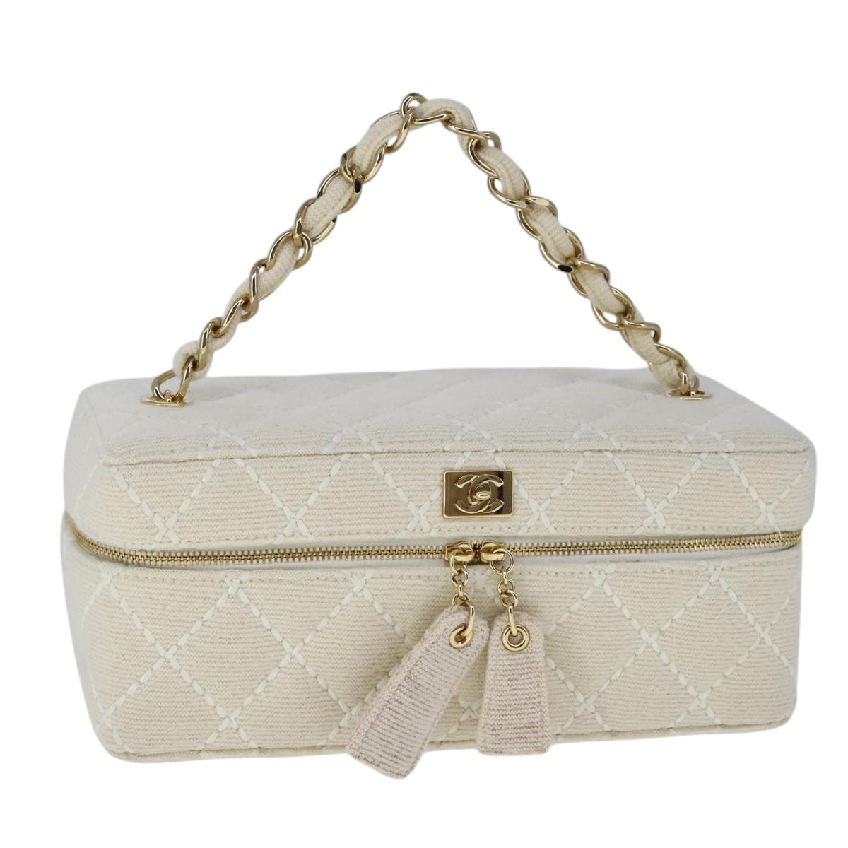 CHANEL Vanity Chain Wild Stitch Pouch Cotton White CC Auth 104339AV