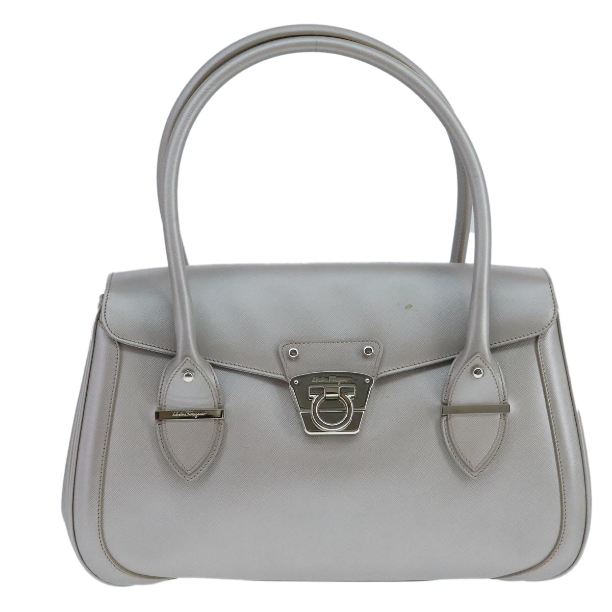 Salvatore Ferragamo Gancini Hand Bag Leather Silver Auth 104358