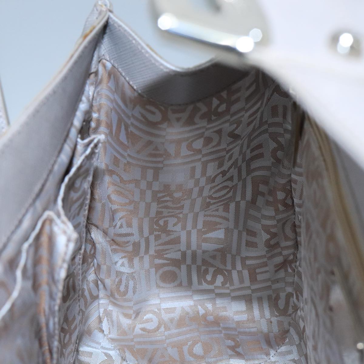 Salvatore Ferragamo Gancini Hand Bag Leather Silver Auth 104358