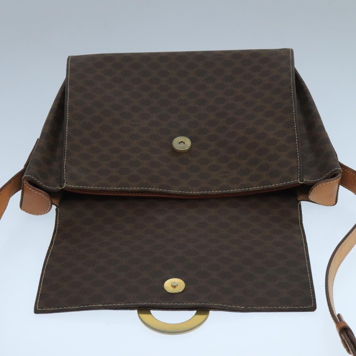 CELINE Macadam Canvas Shoulder Bag PVC Leather Brown Gold Auth 104384