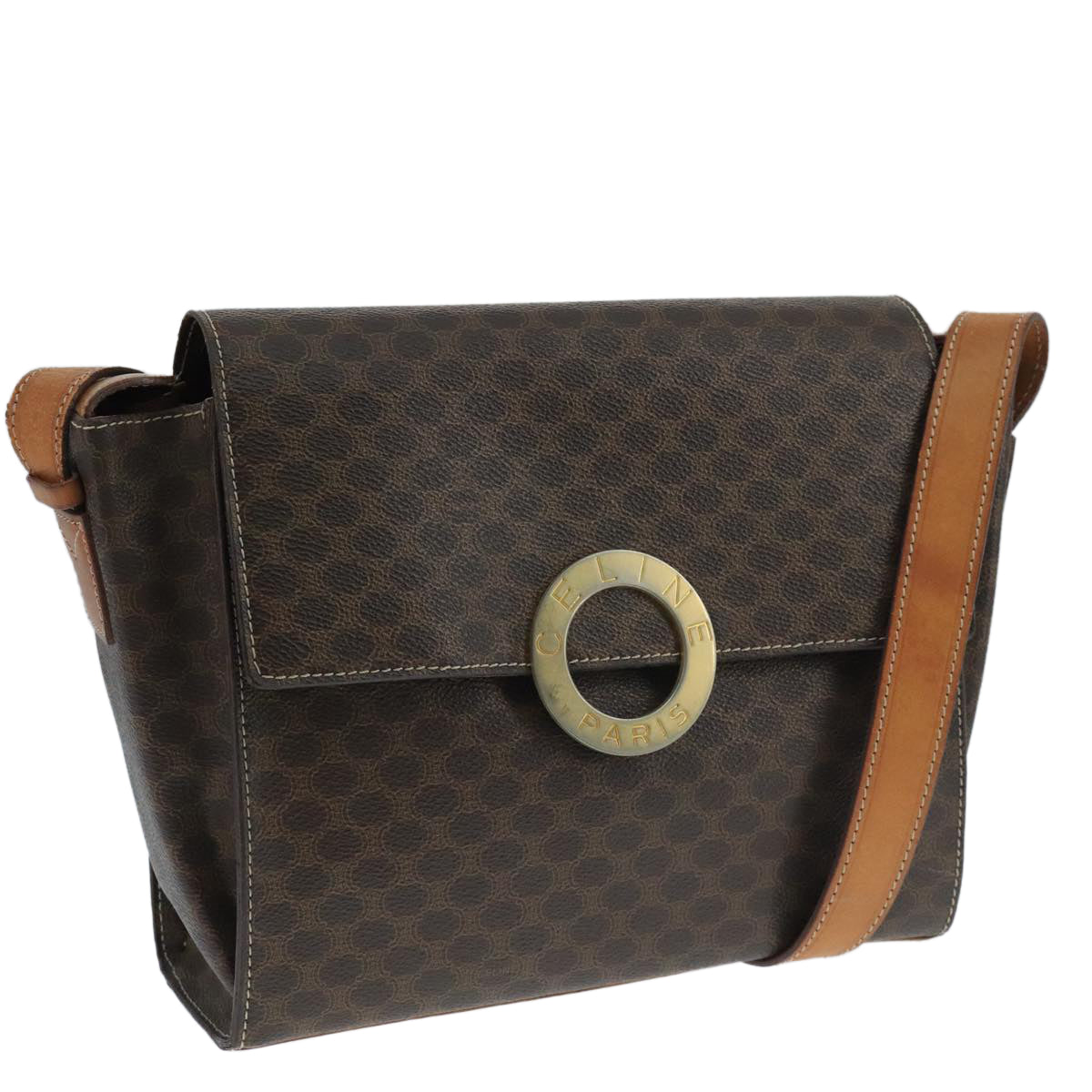 CELINE Macadam Canvas Shoulder Bag PVC Leather Brown Gold Auth 104384