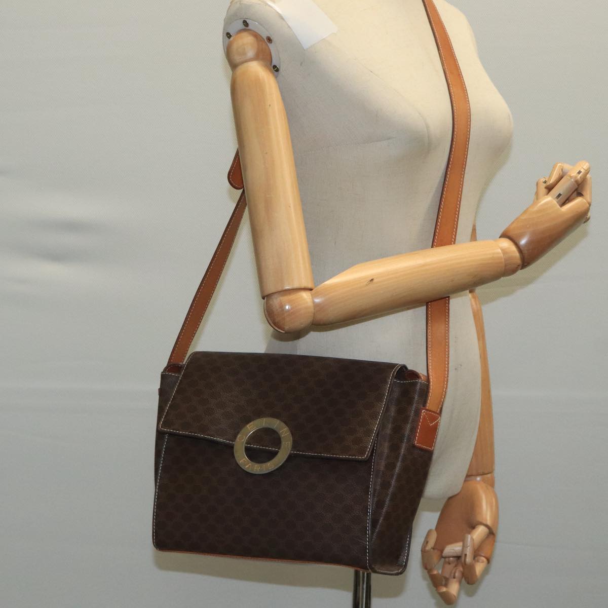 CELINE Macadam Canvas Shoulder Bag PVC Leather Brown Gold Auth 104384