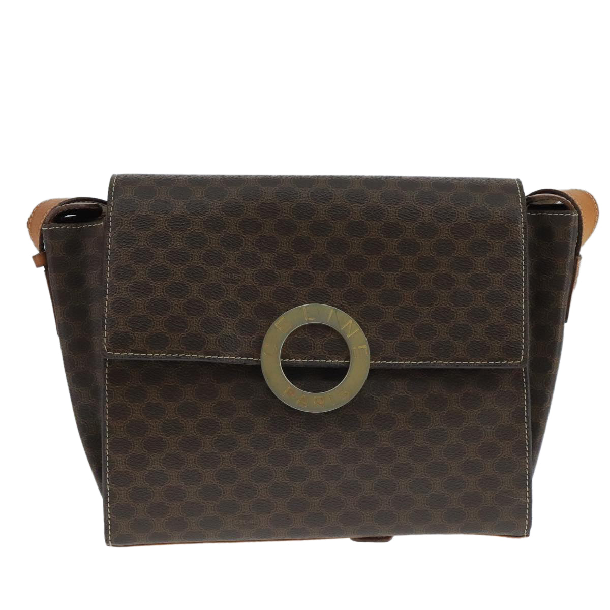 CELINE Macadam Canvas Shoulder Bag PVC Leather Brown Gold Auth 104384