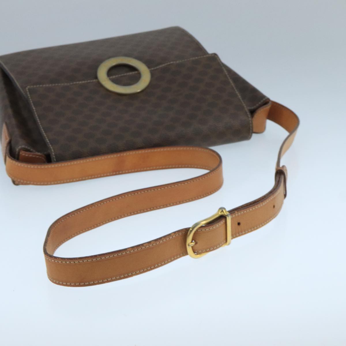 CELINE Macadam Canvas Shoulder Bag PVC Leather Brown Gold Auth 104384