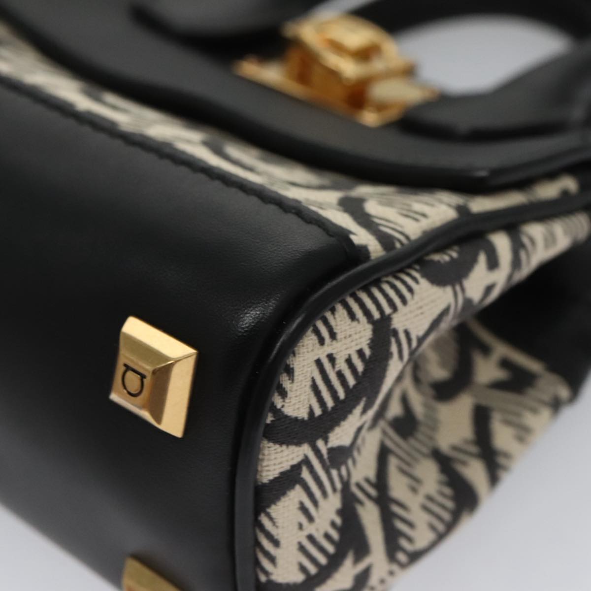 Salvatore Ferragamo Gancini Bag Canvas Leather 2way White Black Auth 104438AV