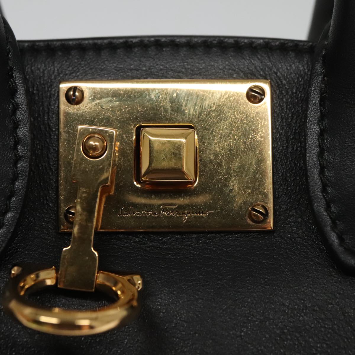 Salvatore Ferragamo Gancini Bag Canvas Leather 2way White Black Auth 104438AV