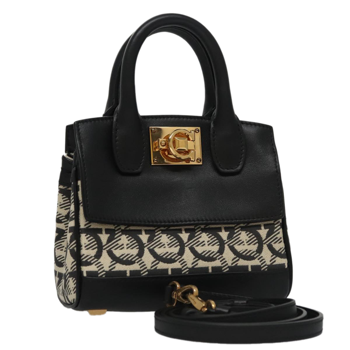 Salvatore Ferragamo Gancini Bag Canvas Leather 2way White Black Auth 104438AV