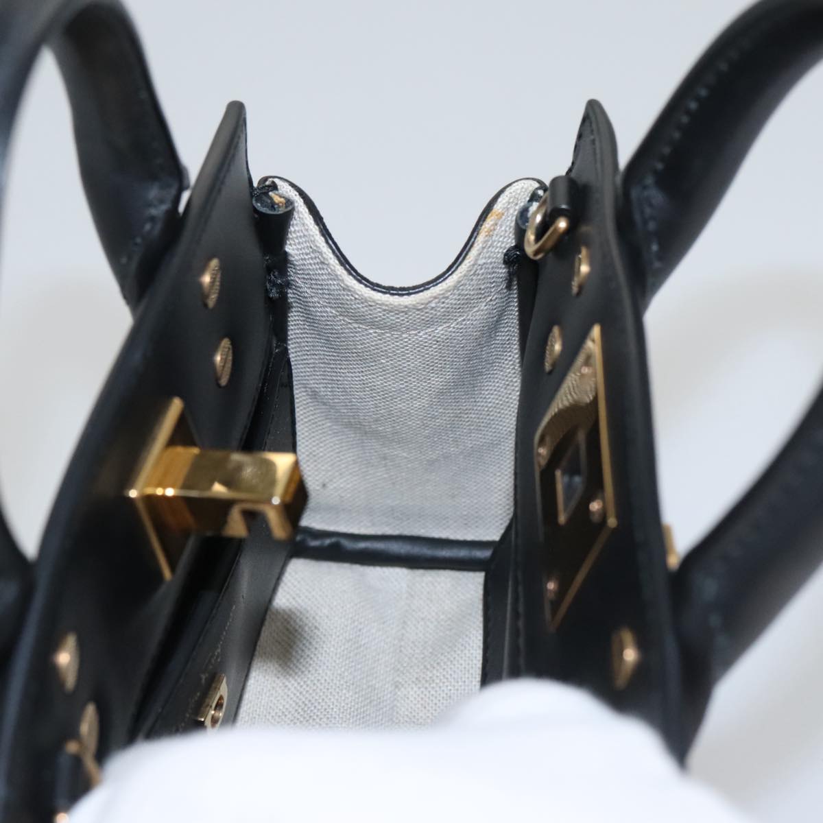 Salvatore Ferragamo Gancini Bag Canvas Leather 2way White Black Auth 104438V