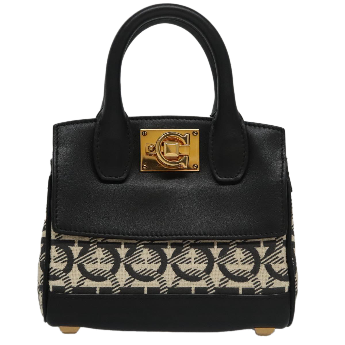 Salvatore Ferragamo Gancini Bag Canvas Leather 2way White Black Auth 104438V