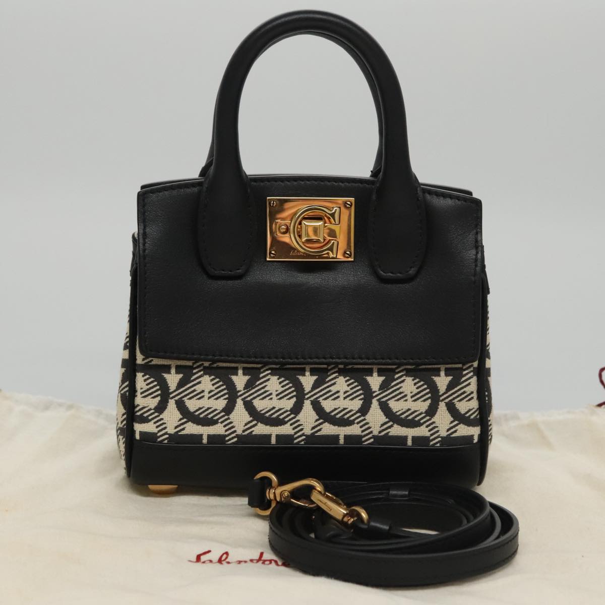 Salvatore Ferragamo Gancini Bag Canvas Leather 2way White Black Auth 104438V