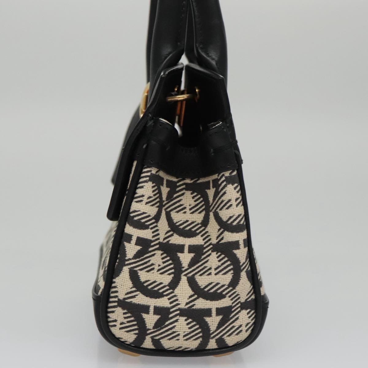 Salvatore Ferragamo Gancini Bag Canvas Leather 2way White Black Auth 104438AV