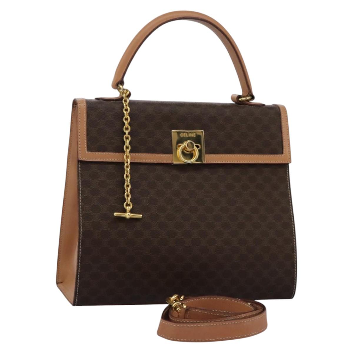 CELINE Macadam Canvas Hand Bag PVC Leather 2way Brown Gold Auth 104480V