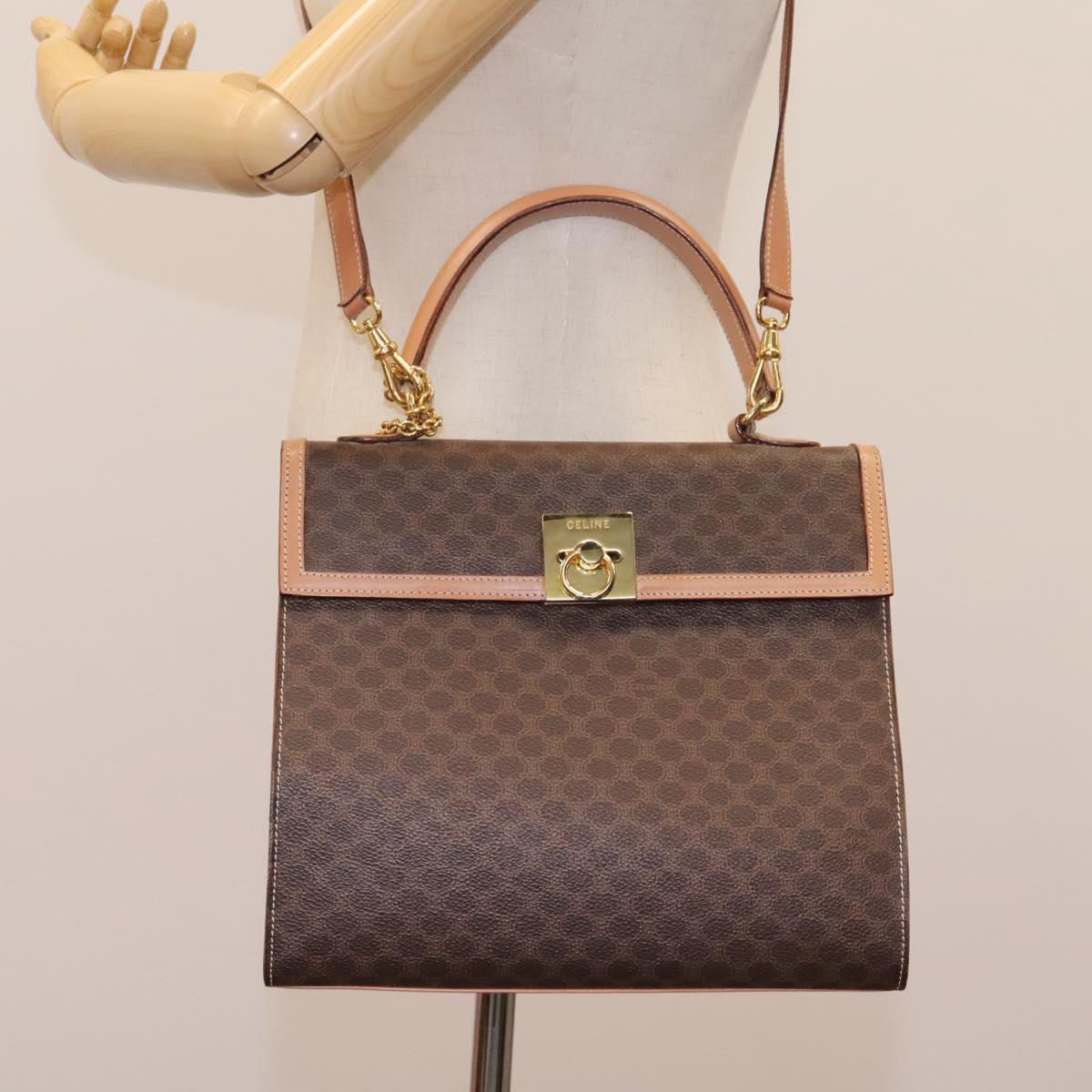 CELINE Macadam Canvas Hand Bag PVC Leather 2way Brown Gold Auth 104480V