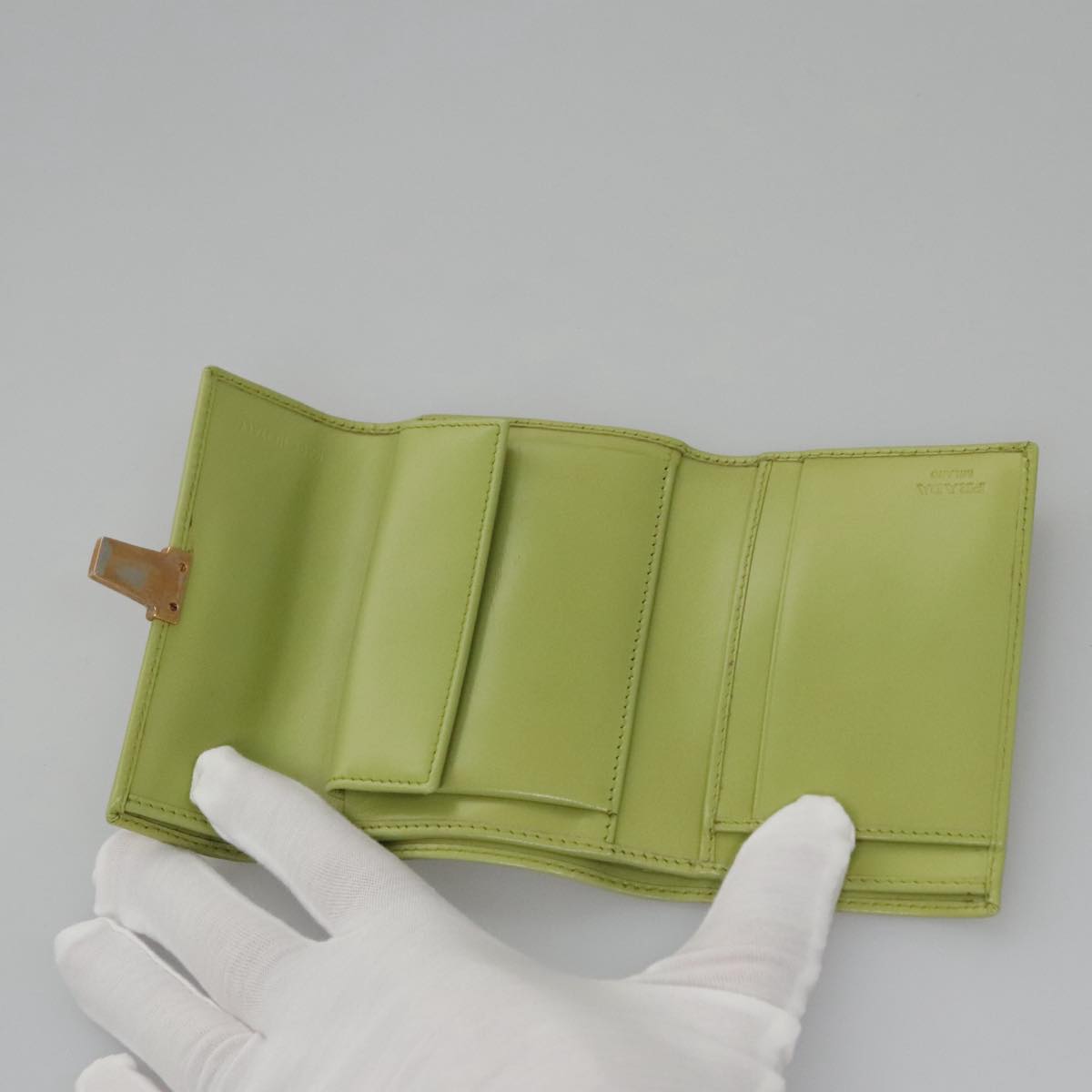 PRADA Wallet Leather Green Gold Auth 104498