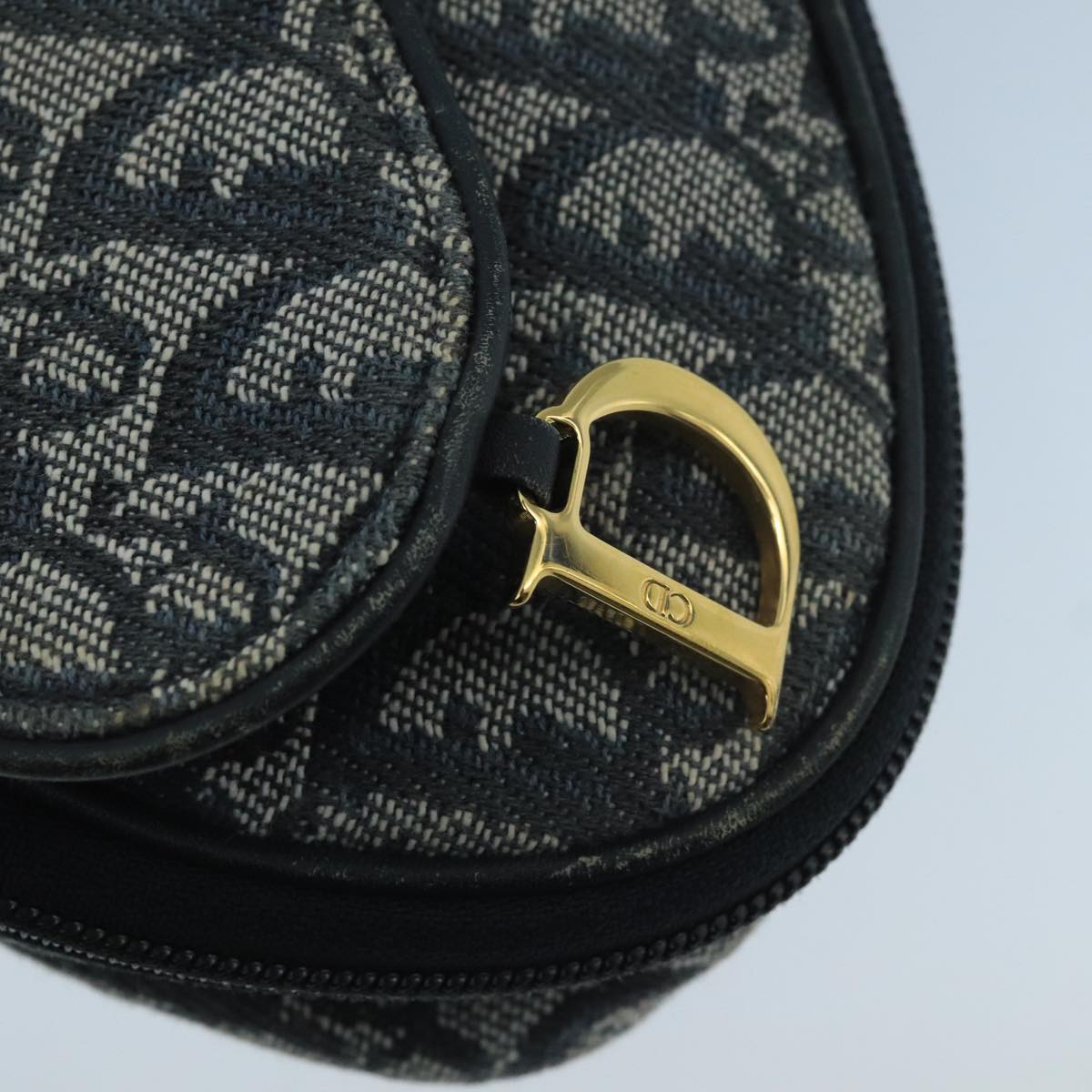 Christian Dior Trotter Canvas Pouch Navy Gold Auth 104571