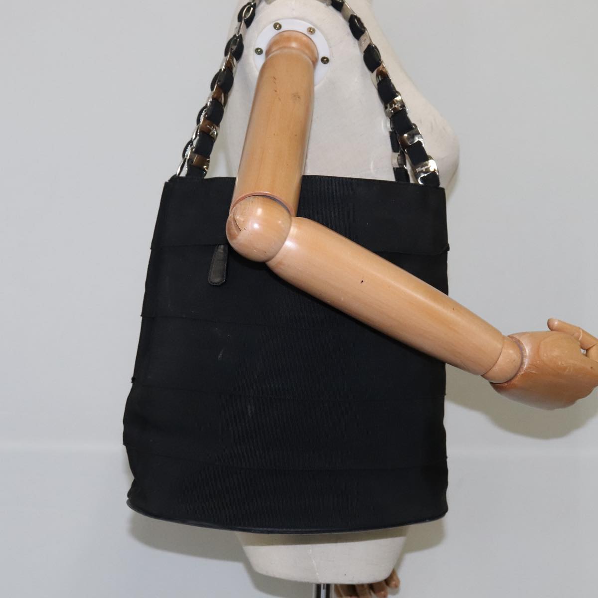 Salvatore Ferragamo Chain Tote Bag Canvas Black Silver Auth 104710