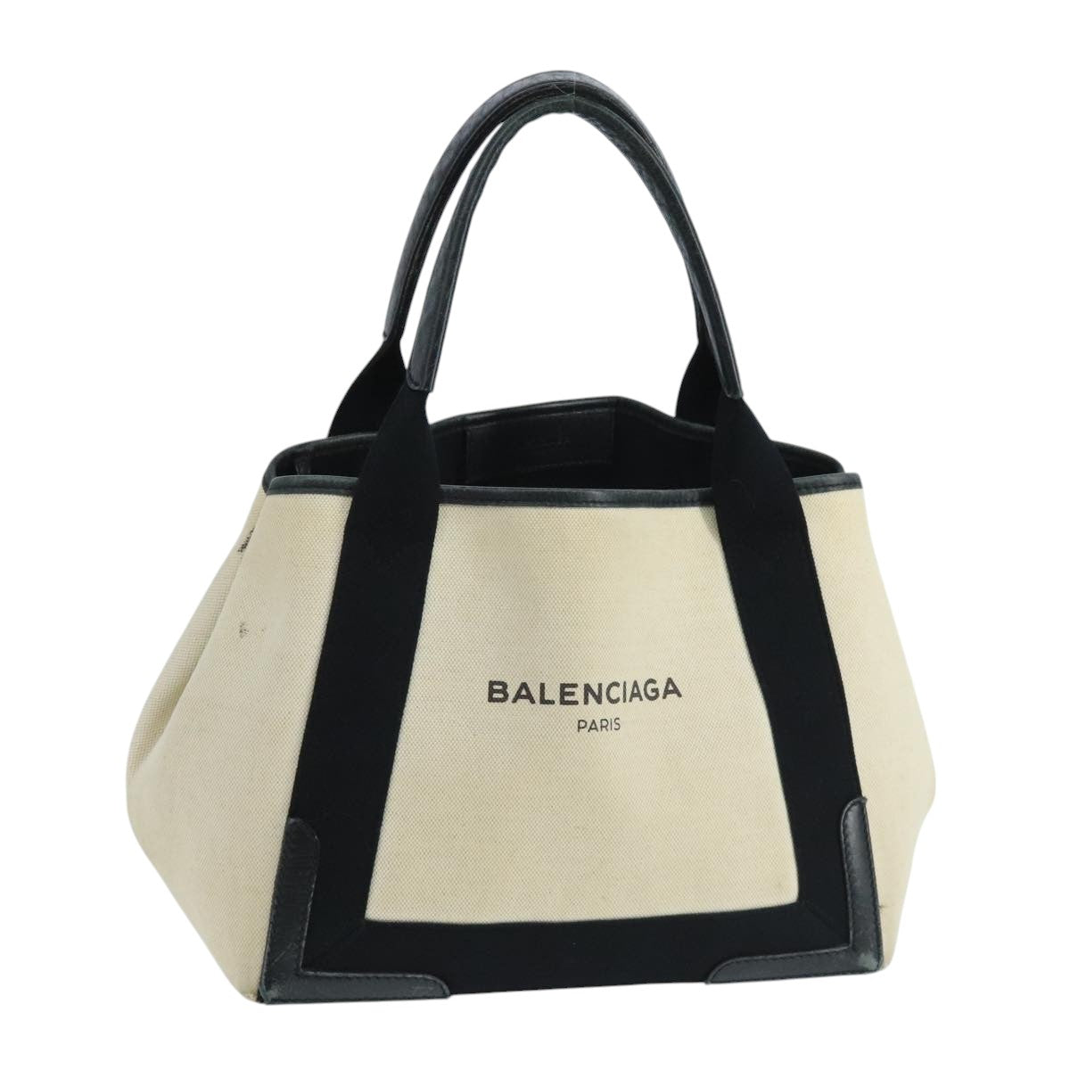 BALENCIAGA Navy Cabas S Tote Bag Canvas Leather Beige Black 339933 Auth 104736