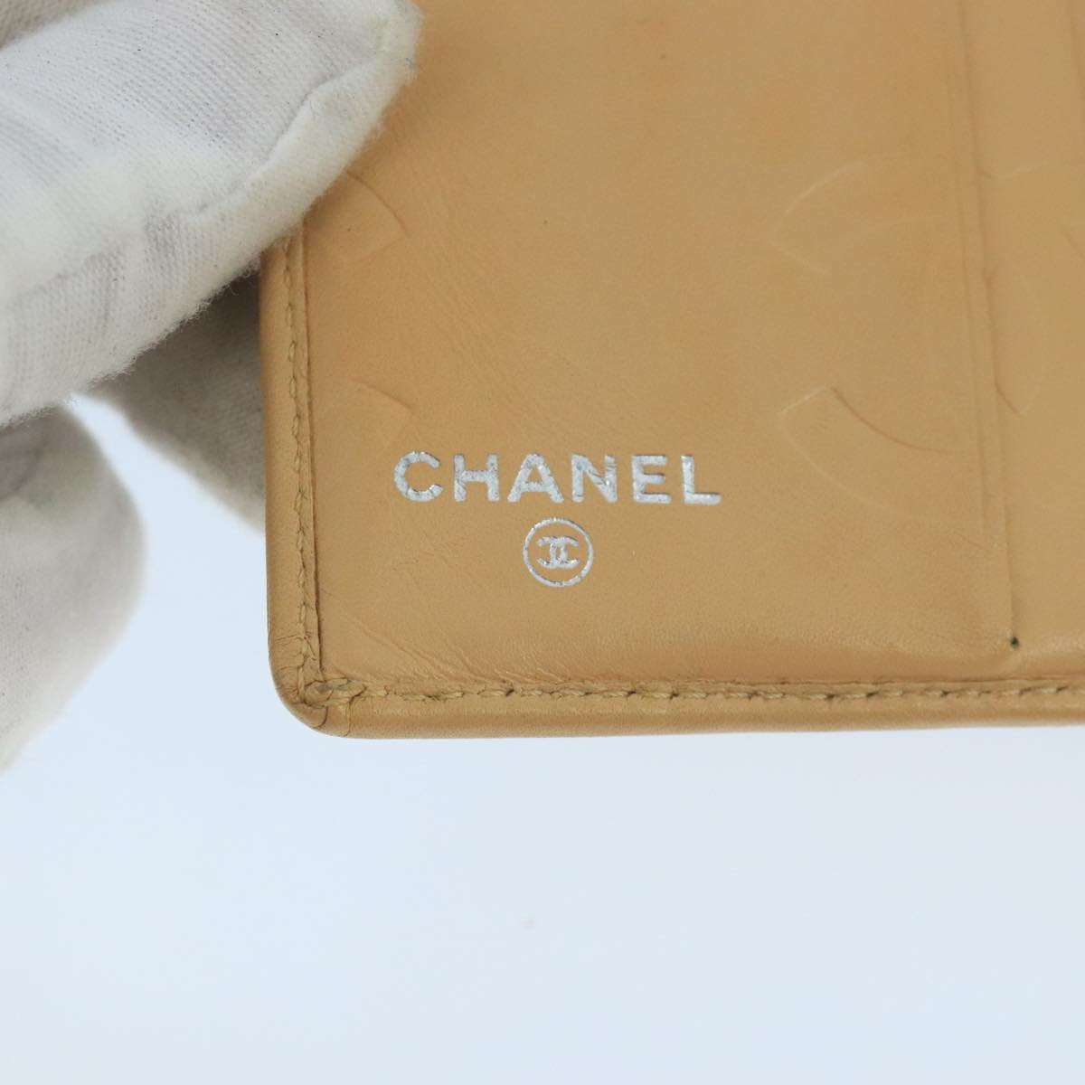 CHANEL Cambon Line Wallet Leather Beige Black CC Auth 104762