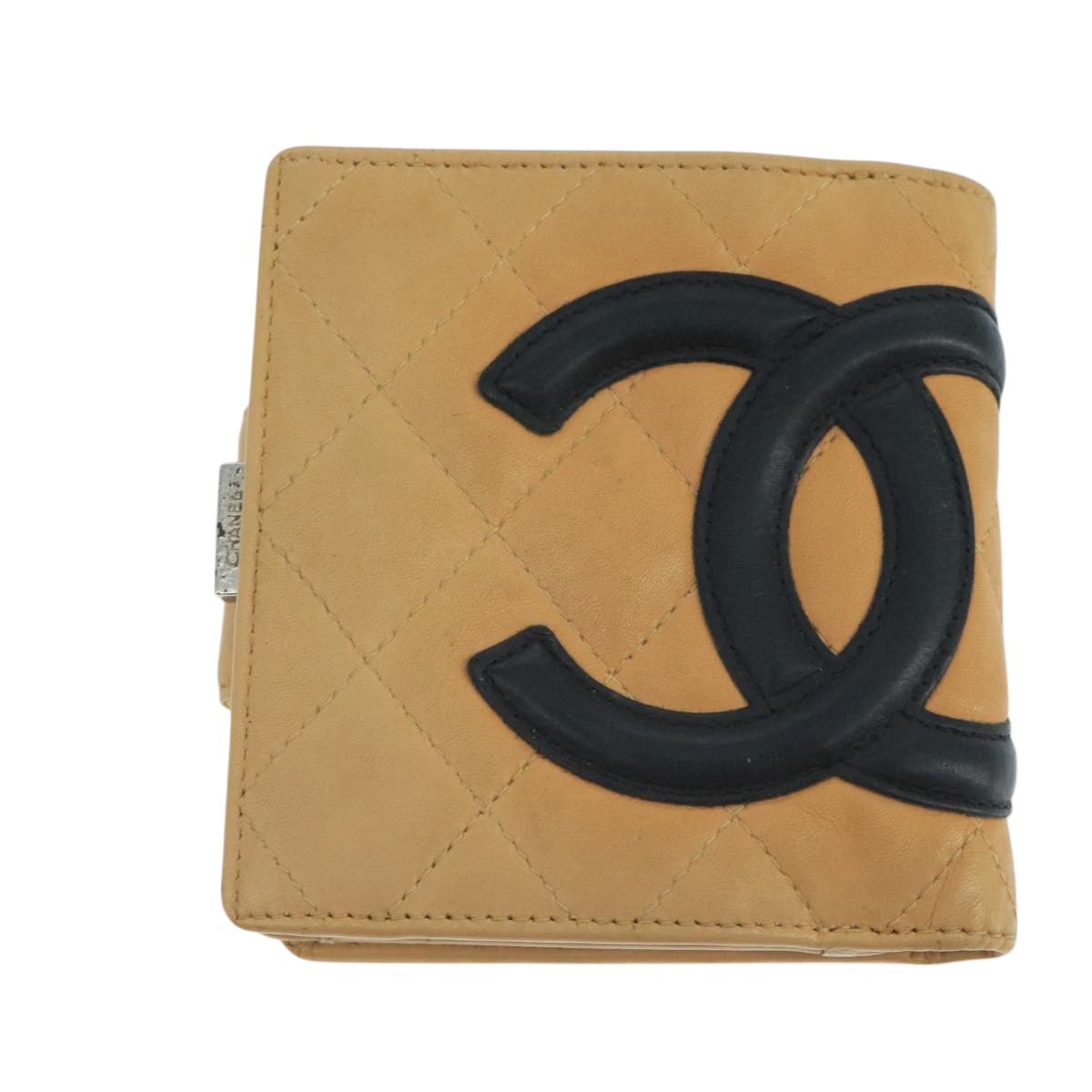 CHANEL Cambon Line Wallet Leather Beige Black CC Auth 104762