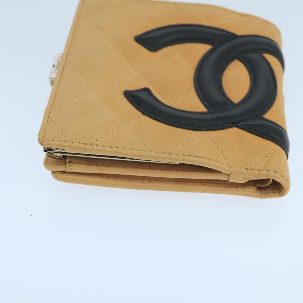 CHANEL Cambon Line Wallet Leather Beige Black CC Auth 104762