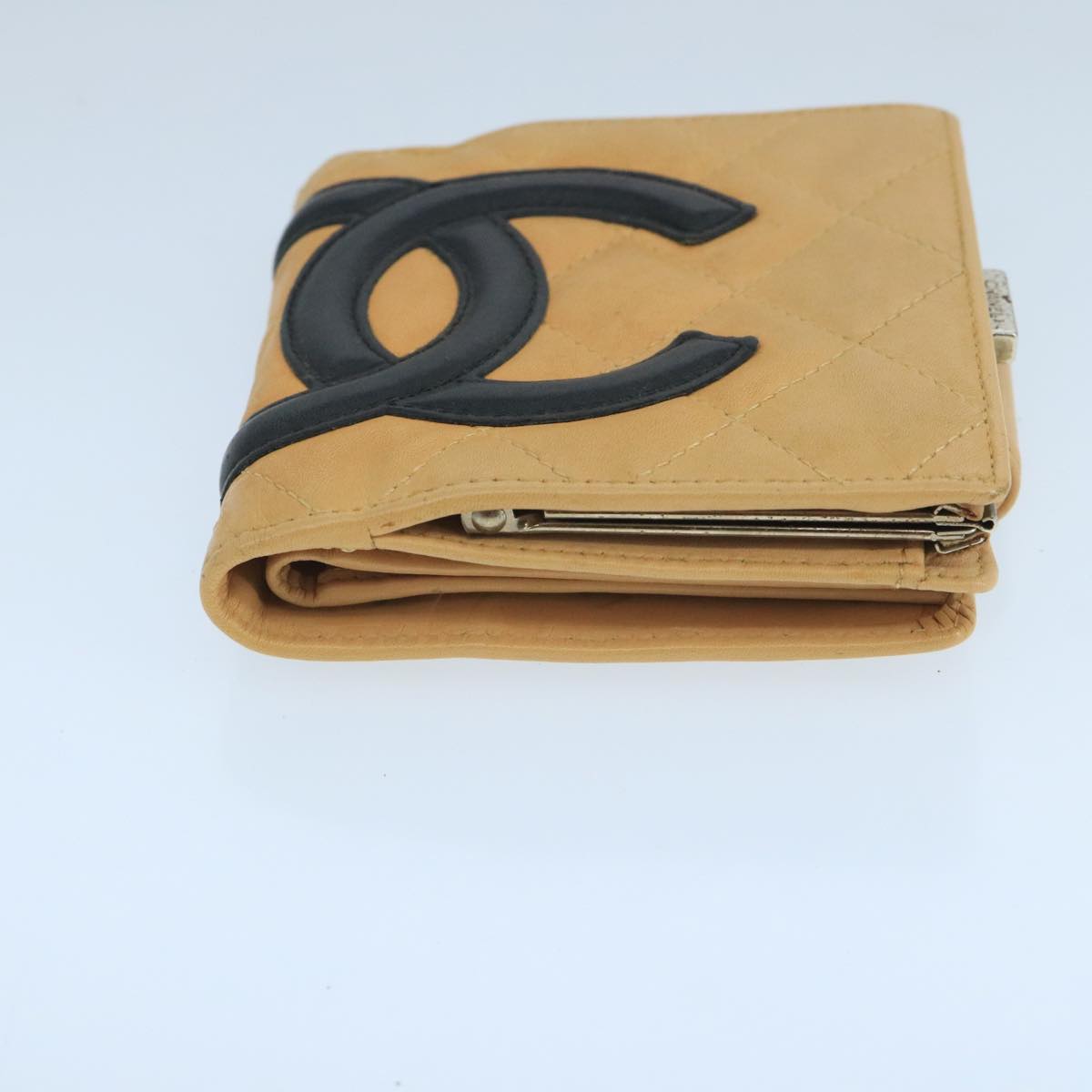 CHANEL Cambon Line Wallet Leather Beige Black CC Auth 104762