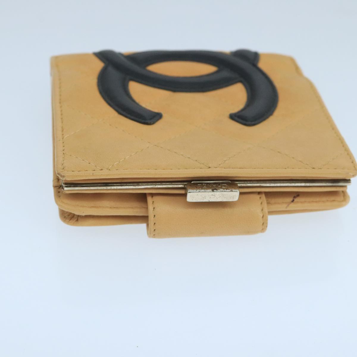 CHANEL Cambon Line Wallet Leather Beige Black CC Auth 104762