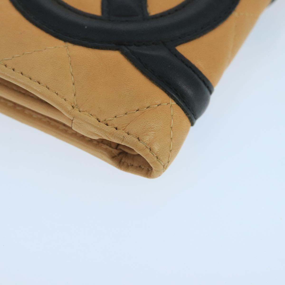 CHANEL Cambon Line Wallet Leather Beige Black CC Auth 104762