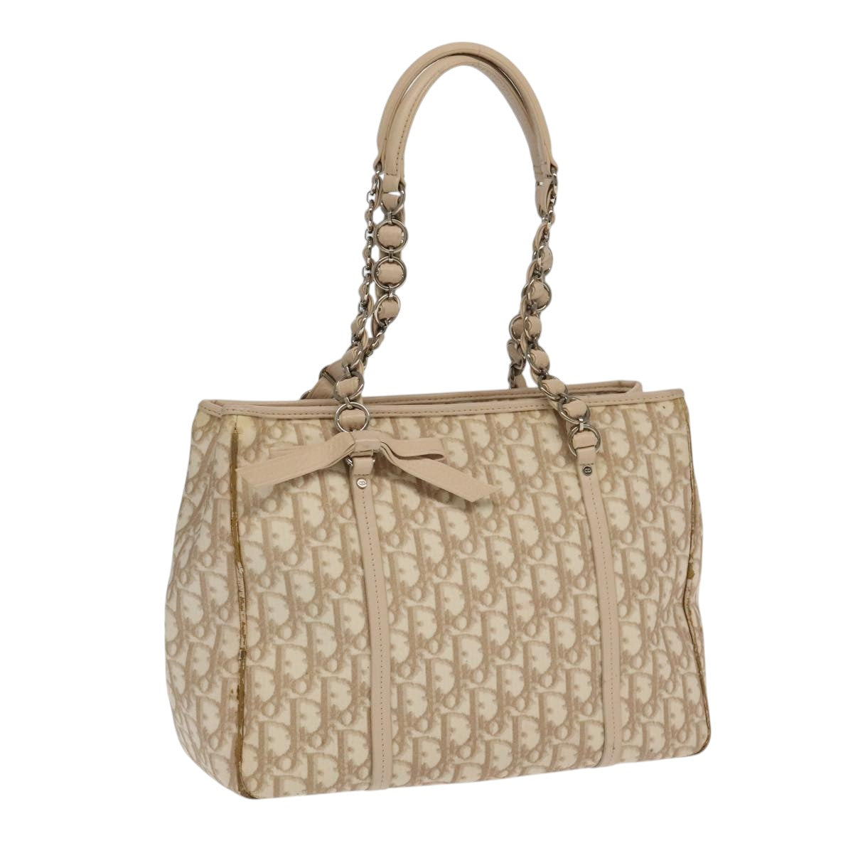 Christian Dior Trotter Canvas Romantic Shoulder Bag PVC Beige Silver Auth 105054
