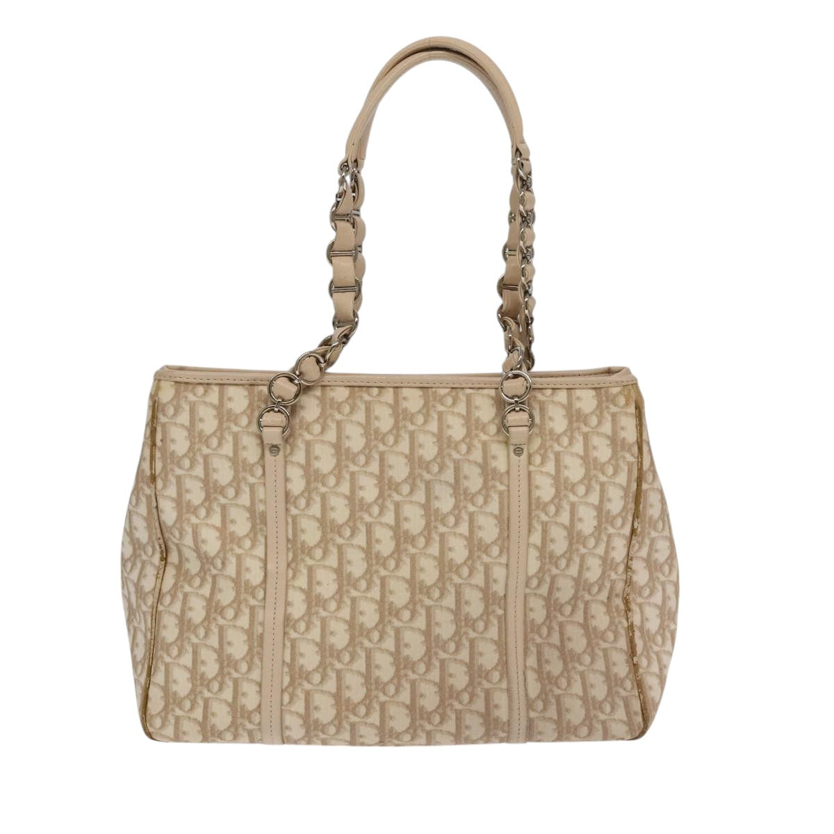 Christian Dior Trotter Canvas Romantic Shoulder Bag PVC Beige Silver Auth 105054