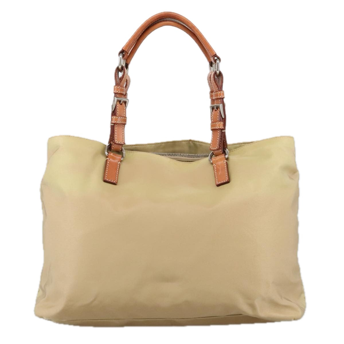 PRADA Tote Bag Nylon Beige Silver Auth 105105