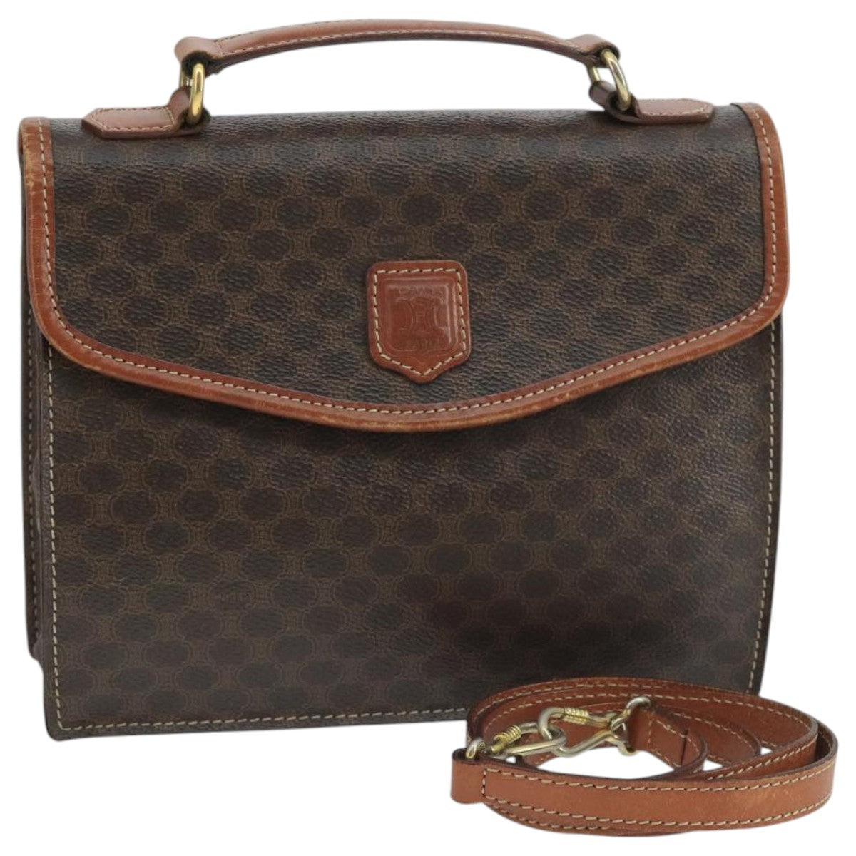 CELINE Macadam Canvas Hand Bag PVC Leather 2way Brown Gold Auth 105267