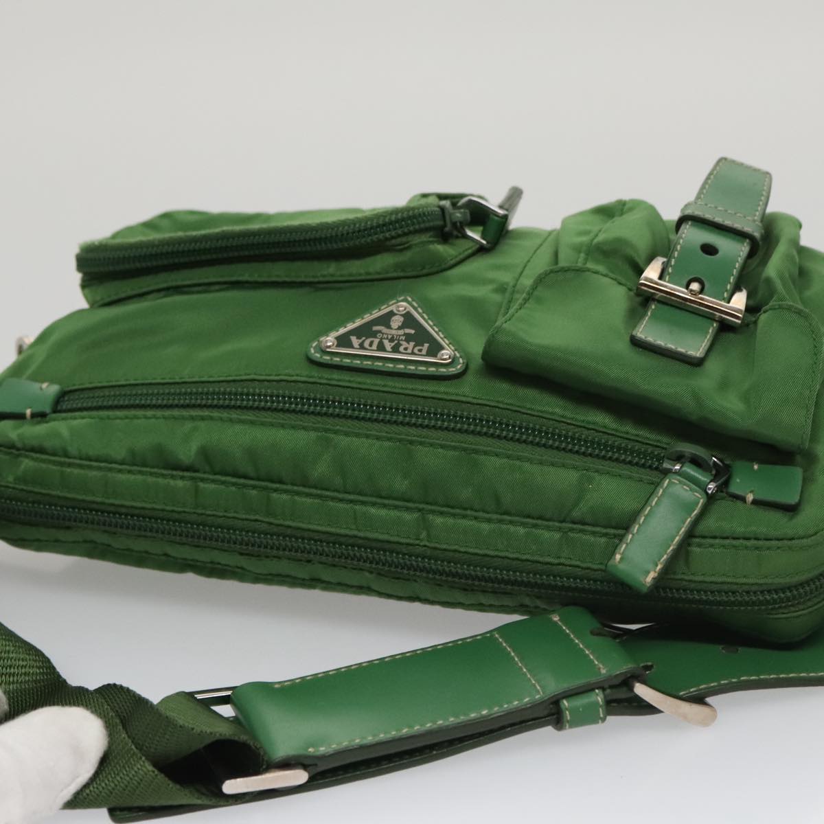 PRADA Waist Bag Nylon Green Silver Auth 105286V