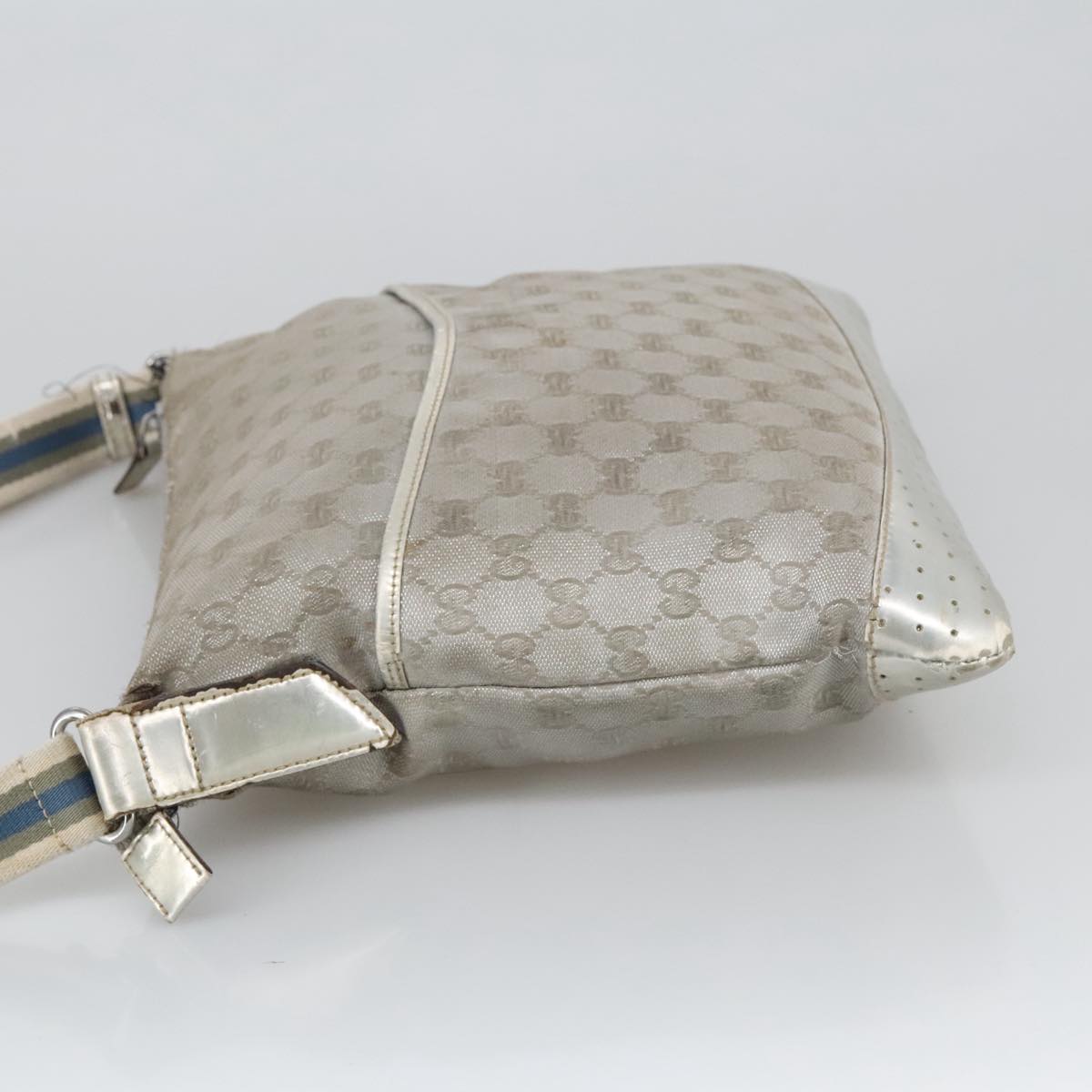 GUCCI GG Canvas Sherry Line Shoulder Bag Blue Silver gray 145857 Auth 105354